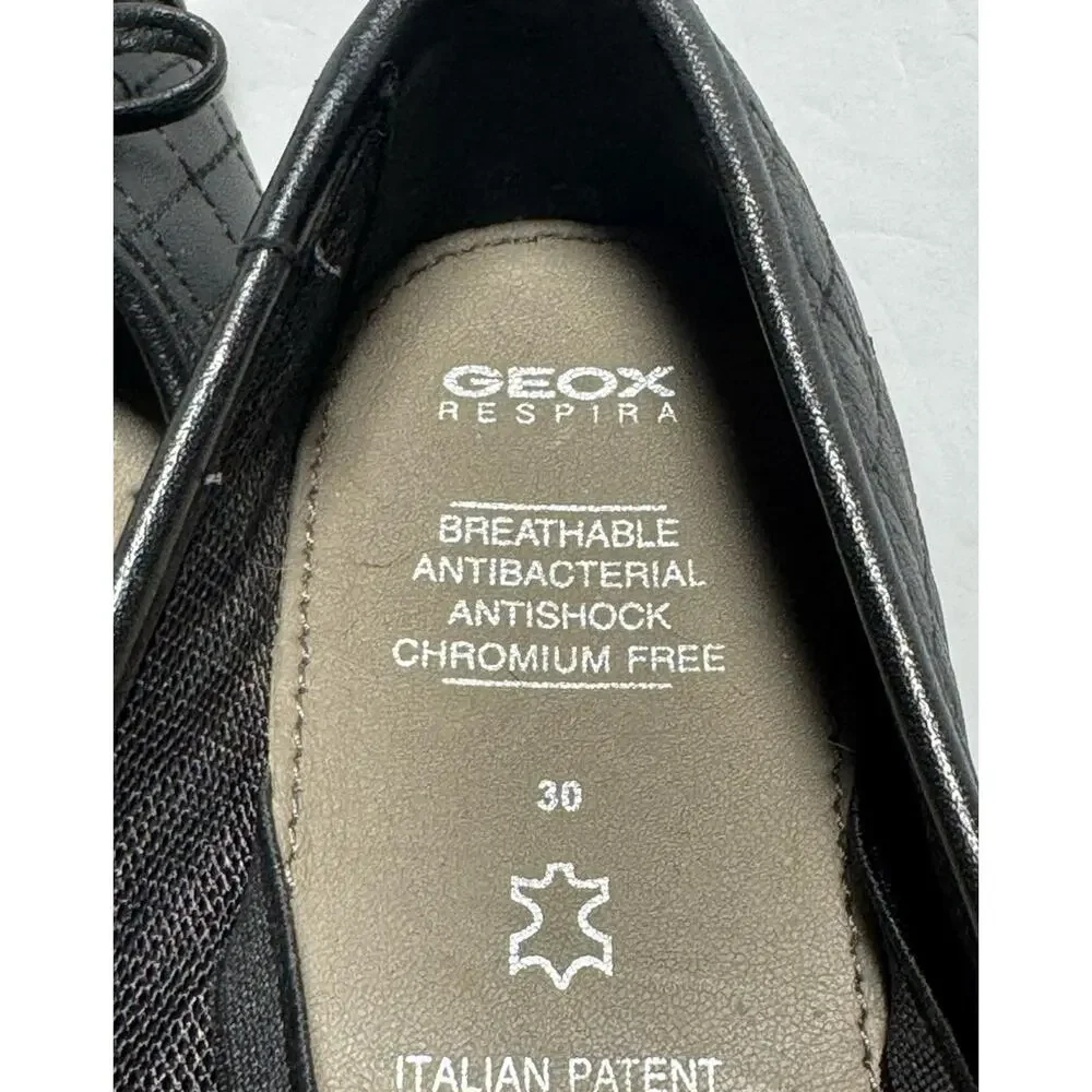 Geox Respira Girls Black Leather Ballet Flats Bow Patent Cap Toe EU 30